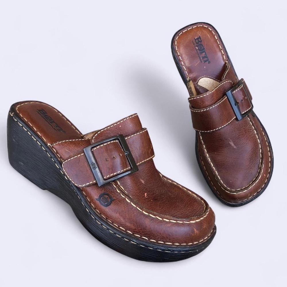 Y2K Granola Grunge Leather Brown Buckle Clogs Chunky Platform Lug Wedges Mules